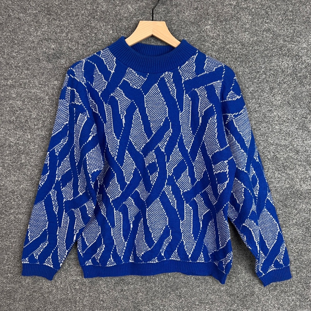 Vintage Teasers Sweater‎ Abstract Diamond Knit Crewneck Blue USA women large